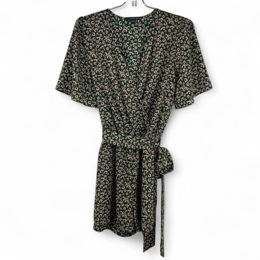 West Kei Green With Pink Floral Belted Romper Short Sleeve Size XS Cottagecore